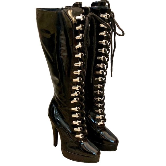 Delicious Shoes - Delicious Knee High Stiletto Patent Leather Black Lace Up Platform Boots 6 Troy